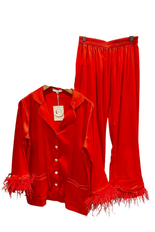 Red Satin Pajama with Red Feathers Detachable