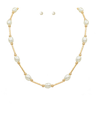 Pearl Station Brass Necklace Set