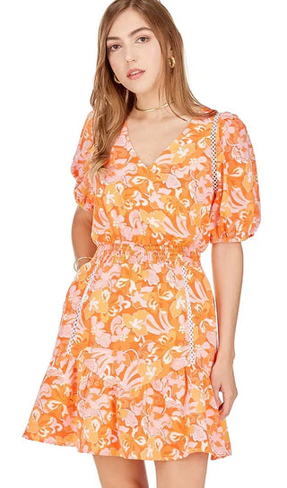 Elastic Waist Dress, Orange Blooms