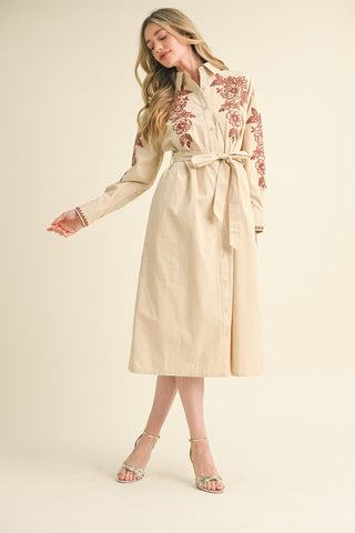 Floral Embroidery Button Down Midi Dress